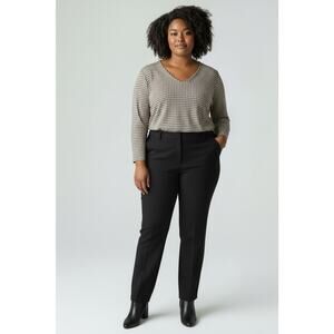 Adrianna Papell Plus 3/4 Sleeve V-Neck Blouse Top Tan Black Window Pane Check 1X